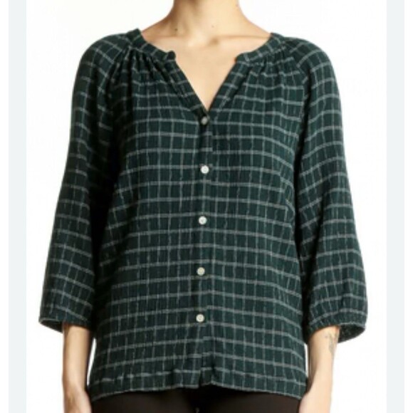 J. Jill Tops - J. Jill Shirt Women's 2X Green Plaid Button Up V-Neck 3/4 Sleeve Dark Academia